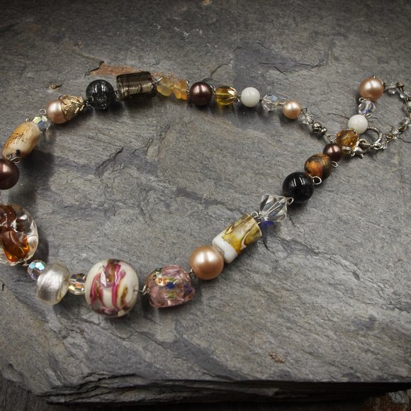 Mixed Lampwork Necklace on Wire with Handmade Polymer Clay Flower - OOAK - Picture 6 of 6